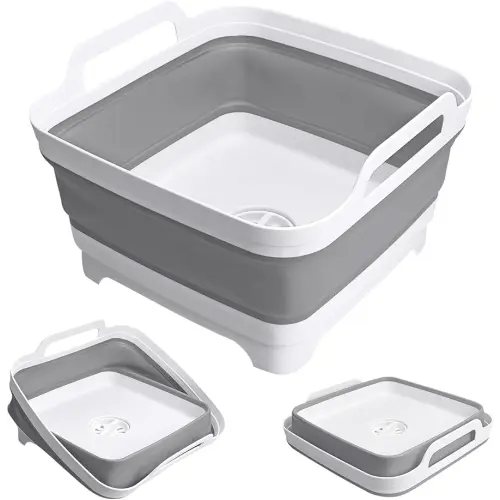 Collapsible Wash Basin with Drain Plug, 2.4 Gallon (9L) Collapsible Dish Basin, Portable Bottle Washing Basin for Baby Bottles, Vegetable Washing, RV Camping