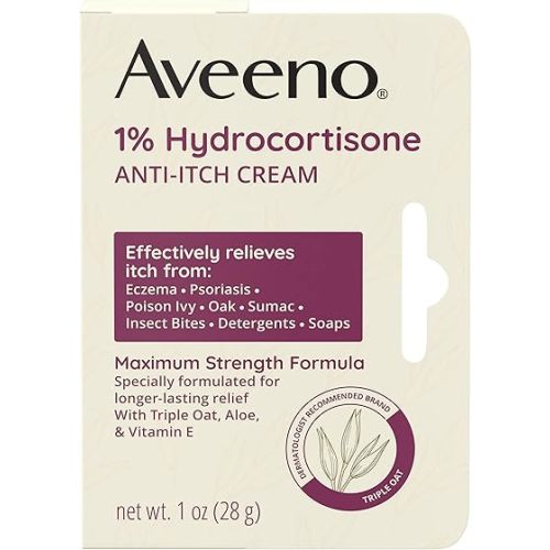Aveeno Maximum Strength 1% Hydrocortisone Anti-Itch Cream, Triple Oat, Aloe & Vitamin E for Itch Relief from Eczema, Psoriasis, Insect Bites, Poison Ivy, Oak & Sumac & Detergents, 1 oz