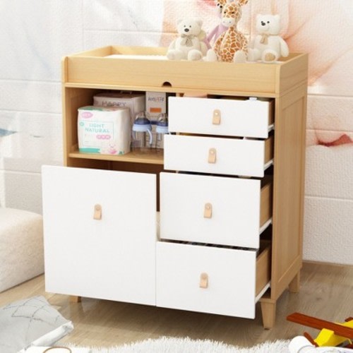 FUFU&GAGA Woodgrain Mix White Baby Changing Table Storage Cabinet Large Operating Table Four Drawers Leather Handles Practical and Safe