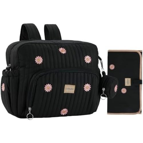 Diaper Bag Backpack, Mini Maternity baby bag with Changing Pad, Insulated Pockets, Stroller Straps & Pacifier Case (Black - Flowers)
