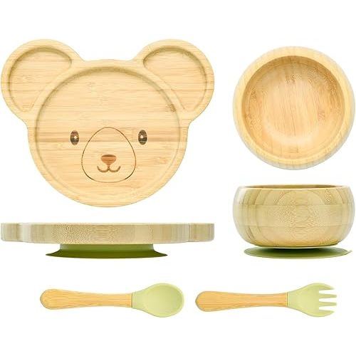Bamboo Suction Plates Bowls Setfor Baby Toddler Divided Platter Food bowl with Silicone Fork & Spoon All-Natural Baby Feeding Set, Kids Feeding Essentials