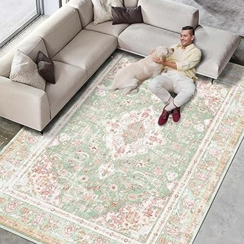 Vhong Washable Area Rugs Boho Vintage Modern Neutral Large Carpet Green and Pink High Traffic Rugs 5×7 for Dinning Room Living Room Bedroom Farmhouse Non Slip