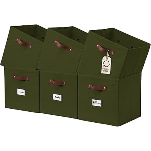 DECOMOMO Storage Bins, Cube Storage Bin with Labels, Fabric Storage Cubes for Shelves (10.5" x 11" / 6pcs, Olive Green)