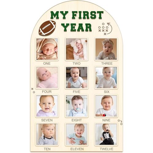 My First Year Photo Board - Baby's First Year Photo Frame 12 Months Milestone Board Football Photo Display Wood Board 1st Birthday Picture Frame Decorations (fits 4" x 4" photo)