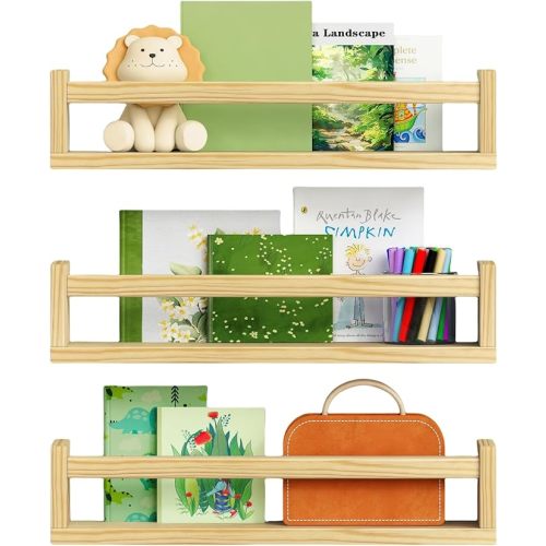 Floating Nursery Book Shelves for Wall Set of 3, Wooden Wall Bookshelf for Kids Room Bedroom, Small Book Shelf for Baby Toddler Child Teen Grils Boys Bathroom Clothes (Natural Wood)