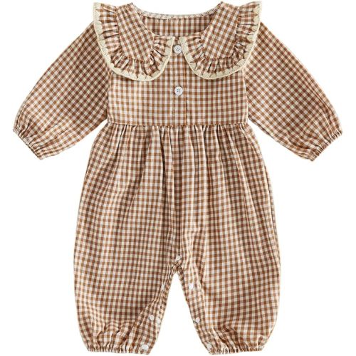 BULINGNA Infant Baby Girl Plaid Jumpsuit Long Sleeve Ruffle Peter Pan Collar Gingham Romper Fall One Piece Outfit