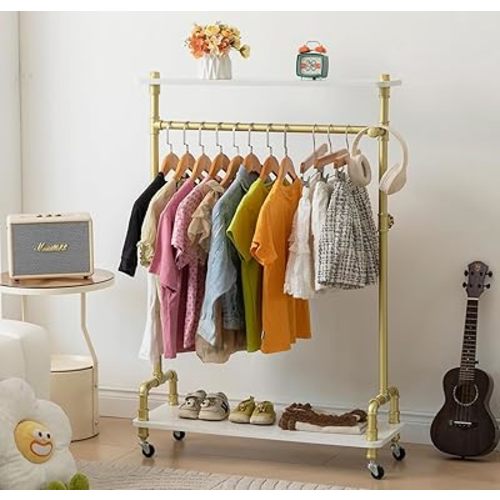 Kids Clothing Rack Dress up Storage Closet for Little Girls, Toddler Clothes Rack with Wood Shelf, Rolling Pipe Child Costume Rack with Hook and Hanging Rod, Industrial Baby Garment Rack Wardrobe