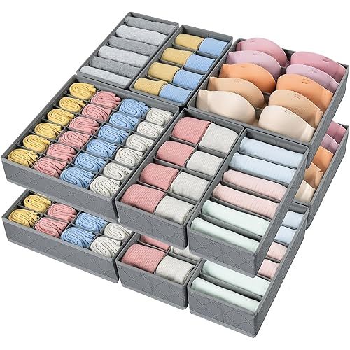 DIMJ 12 Pack Drawer Organizer for Clothes - Sock Bra Underwear Drawer Organizer, Foldable Fabric Drawer Organizer Bins, 114 Cells Dresser Drawer Dividers for Clothing Scarves Belt Tie, Grey
