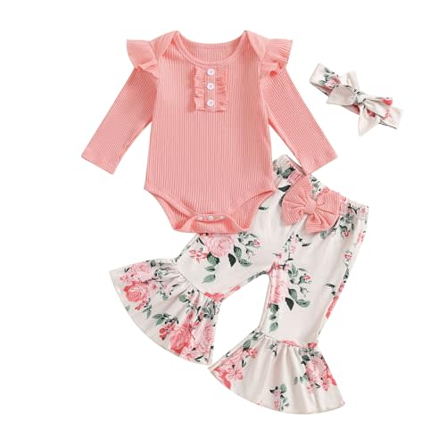 MERSARIPHY Newborn Baby Girl Clothes Ribbed Knit Ruffle Romper Bodysuit Bell-Bottom Pant Set 3Pcs Infant Fall Winter Outfits