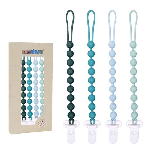 One Piece Design Silicone Pacifier Clip Holder,Pack of 4 Flexible Paci Leash,Binky Clips with Textures for Baby Boys and Girls,Newborn Essential (Green)