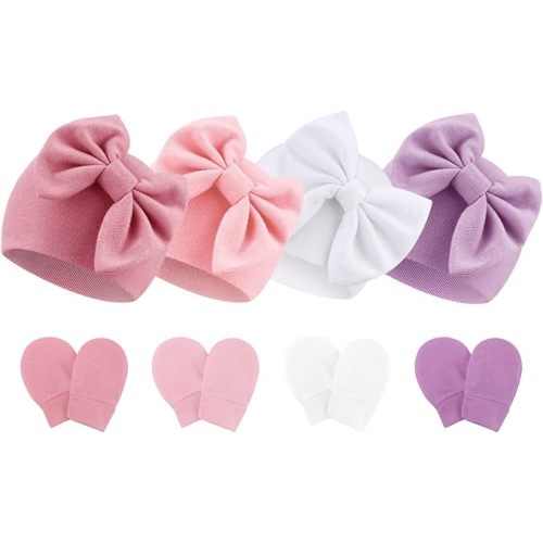 Newborn Baby Hats and Mittens Set Infant Bow Beanie Cap Toddler Gloves Newborn Hospital Hats for Baby Boy Girl 0-6 Months