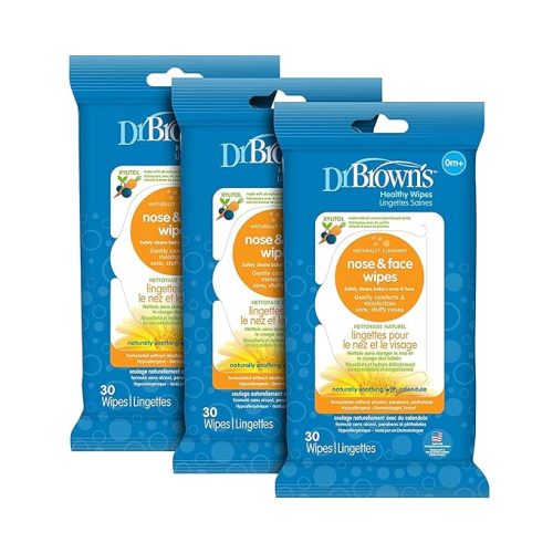 Dr. Brown's Healthy Nose and Face Wipes, Naturally Cleaning and Moisturizing for Baby & Toddler, Plant Based and Hypoallergenic, 30 Count, 3 Pack
