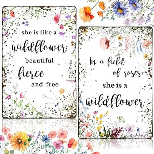 2 Pcs Vintage Wildflower Metal Tin Sign Wildflower Party Decor She Is Like a Wildflower Beautiful Fierce and Free Funny Tin Sign for Birthday Baby Shower Nursery Decor Wall Signs 8x12 Inch