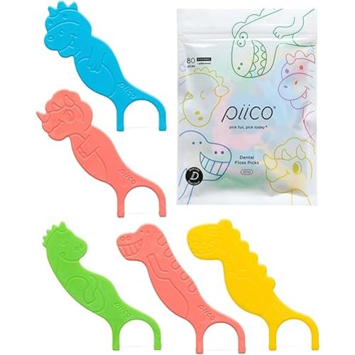 Piico Unflavored Kids Floss - No Fluoride Dual Line Dental Floss Picks - Fun Oral Care in Colorful Floss Sticks Design - Kids Flossers Avoid Tooth Decay & Gum Disease - 80 Count Dino