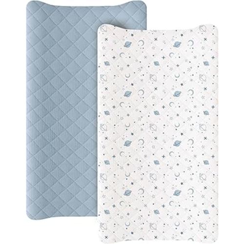 Konssy Waterproof Muslin Changing Pad Cover 2 Pack, Quilted Cotton Fitted Diaper Changing Table Cover, Soft Changing Pad Sheets for Girls Boys (Star,Blue)