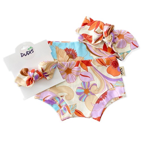 Retro Flowers Bummies and/or Tiny Knot or Top Knot Headband Set, Baby Girl Clothes, Toddler Diaper Cover, Cute High Waisted Shorts