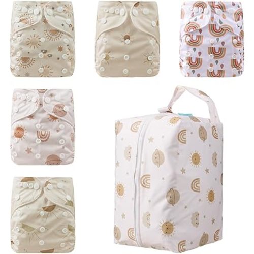 Baby Cloth Diapers Washable Reusable Diapers for Baby Boys, One Size Adjustable Pocket Nappy Covers 5 Pack+ 5pcs Microfiber Inserts+ One Waterproof Bag (Star Sun)
