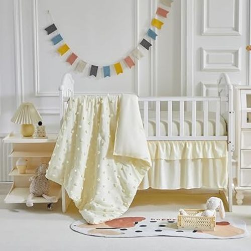 3 Pieces Crib Bedding Set Tufted Dots Jacquard Baby Comforter with Fitted Sheet and Bed Skirt - Cute Embroidery Boho Shabby Chic Bedding Soft Blanket Pom Pom Tufts Crib Bed Set Beige