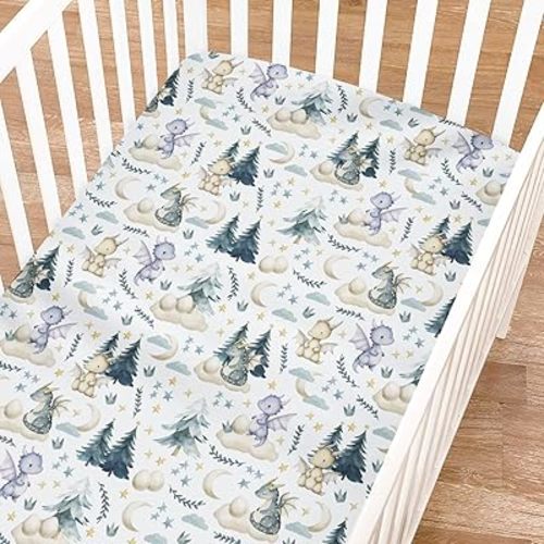 Fairytale Dragons Fitted Baby Crib Sheet for Girl Boy 52"x28" Cute Dragons Eggs Moon Stars Trees Crib Mattress Covers Soft Breathable Dreamy Animal Baby Sheet for Standard Crib & Toddler Bed Mattress