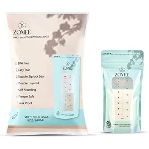 Zomee Disposable 8 oz Breast Milk Storage Bags w/Double Zipper Seal – Count – Leak-Proof – Self-Standing Breast Milk Storage Solution for Fridge or Freezer - Mutiple Count Packs (Pack of 90)
