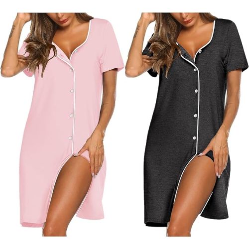 Ekouaer Nightgowns for Women 2 Pack Button Down Sleepshirt Short Sleeve Nightshirt Soft Sleepwear V Neck Pajama Dress