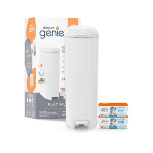 Diaper Genie Platinum Pail Gift Set, Lily White, Made of Durable Stainless Steel and Includes 2 Easy Roll Refills with 18 Bags and 30 Bags