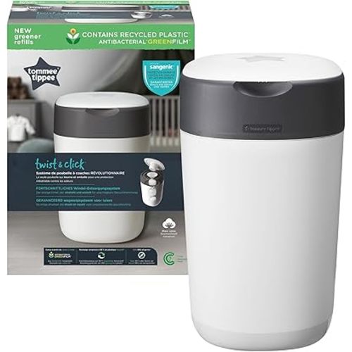 Tommee Tippee Twist and Click Nappy Bin, Includes 1x Refill Cassette with Multilayer, Antibacterial Film, 100% Recycled Chassis, White