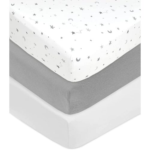 American Baby Company 3 Pack 100% Natural Cotton Fitted Crib Sheets 52" x 28" - Soft, Breathable, Hypoallergenic & Gentle Toddler Bed Sheets, Gray Stars/Gray/White, Neutral for Boys & Girls