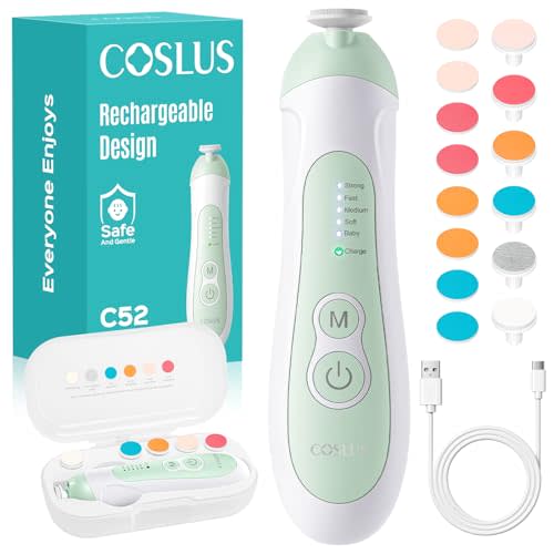COSLUS Rechargeable Baby Nail File: Cordless Baby Nail Trimmer Electric with 5 Speeds & 6 Grinding Heads for Baby Kid, CPC Certified and Quiet Design - Safe for Sleep Trim Buffer, C52, Green