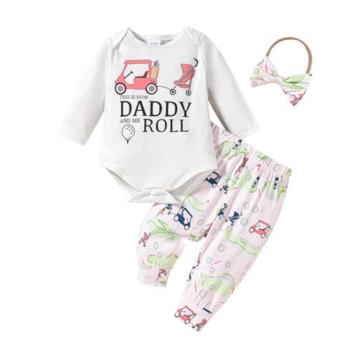 baorji Newborn Baby Boy Girl Golf Outfit Long Sleeve Letter Golf Cart Romper Golf Pants Baby Golf Hat Set 3Pcs Fall Clothes