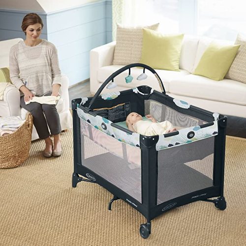 Graco Pack and Play On the Go Playard | Includes Full-Size Infant Bassinet, Push Button Compact Fold, Stratus , 39.5x28.25x29 Inch (Pack of 1) - W/ Full-size Infant Bassinet