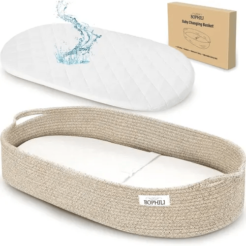 Baby Changing Basket w/Foldable Baby Changing Pad and Waterpoof Cover, Premium Handmade Cotton Rope Reinforced Moses Baskets Changing Table Topper, Built-in Security Strap (Warm Brown)
