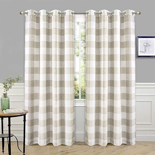 DriftAway Buffalo Plaid Check Curtains Woven Plaid Pattern Lined Blackout Thermal Insulated Window Curtain Grommet 2 Layers 2 Panels 52 Inch by 84 Inch Taupe