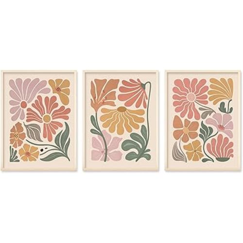 TBKHUDBI Boho Flower Poster Wall Art Abstract Floral Canvas Prints Set of 3 Minimalist Botanical Painting Modern Flower Market Aesthetic Pictures Decor for Living room Bedroom 12"x16" Unframed