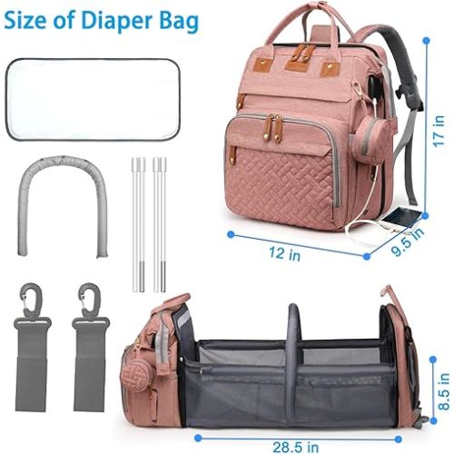 Jeryswet Baby Diaper Bags with Changing Station, Waterproof Large Capacity Diaper Bag Backpack for Moms Dads with USB Charging Port and Stroller Straps, Baby Shower Gifts, Pink