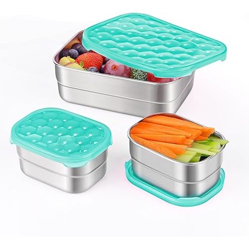 Stainless Steel Lunch Containers for Kids | Leak Proof Food Grade Snack Containers with Silicone Lids - Perfect Metal Food Containers with Lids for Kids School and Toddler Daycare (25oz+8oz*2)