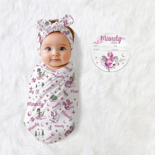 Girl Dragon Swaddle, Dragon Swaddle Bundle Option, Personalized Swaddle Blanket, Dragon Baby Swaddle, Dragon Birth Stat Sign, G21
