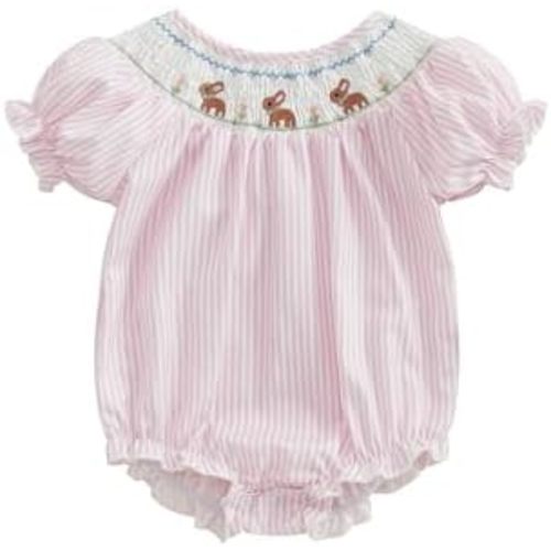 Infant Baby Girl Romper Bunny Embroidery Floral Print Jumpsuit Ruffled Short Smocked Sleeve Bodysuits