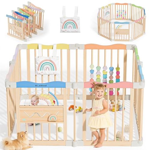 Foldable Wooden Playpen - Adjustable Wood Baby Play Yard Without Door, Indoor Large Safety Fence for Babies and Toddlers - Easy Assembly, 8 Panels, Colorful Dream