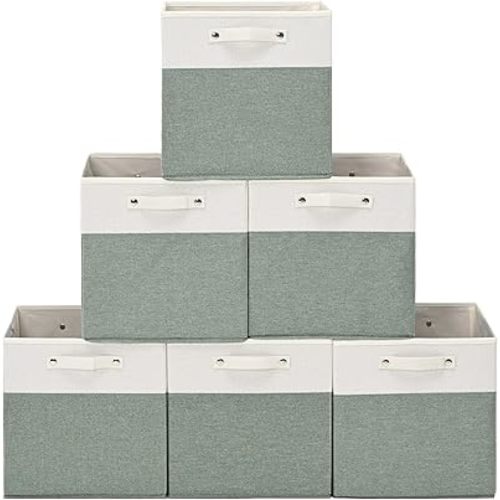 13 x 13 Inch Fine Linen Storage Bins with Handles,Fabric Cube Boxs,Collapsible Basket Organizers for Shelves for Home, Closet Drawers (White/Green-6 Pack)