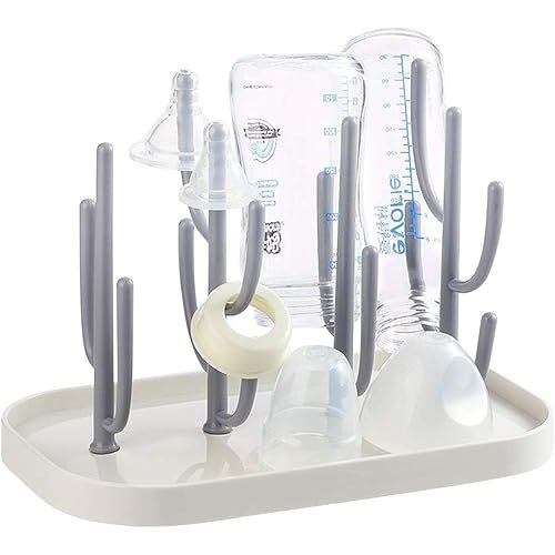 FEOOWV Baby Bottle Drying Rack with Base, Creative Tree Branch Baby Bottle Dryer Holder for Bottles, Teats, Cups, Pump Parts and Accessories (Gray)