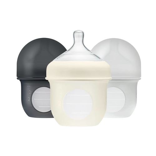 Boon Nursh Reusable Silicone Pouch Baby Bottles - Slow Flow Nipple - Silicone Baby Bottle Pouch and Nipple - Baby Feeding Essentials - Gray - 0-3 Months - 3 Count - 4 Ounce