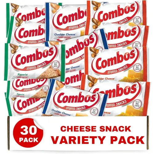 Combos Bulk Variety Pack Cheese Baked Snacks - 30 Individual Bags - Made With Real Cheese On The Go Snack, Cheddar Cheese Crunchy Crackers, Cheddar Cheese, Pizzeria Flavored Puffed Pretzels