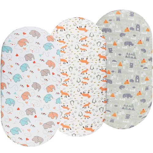 Bassinet Sheets 3 Pack for Baby Boy, Soft Stretchy Universal Fitted Sheet Set for Oval Rectangle Hourglass Bassinet Mattress, Forest Fox Elephant Printing