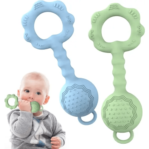 2 Pcs Baby Rattle Teether, 2-in-1 Rattle and Teether Toy for Soothing Sore Gums and Keeps Little Ones Entertained, Food Grade Silicone (Blue+Green)