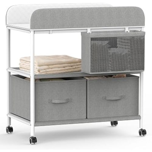 Baby Changing Table, Portable Diaper Changing Station, Changing Table with Wheels, Waterproof Changing Pad, Removable Storage Baskets & Safety Belt, Mobile Nursery Organizer for Newborns