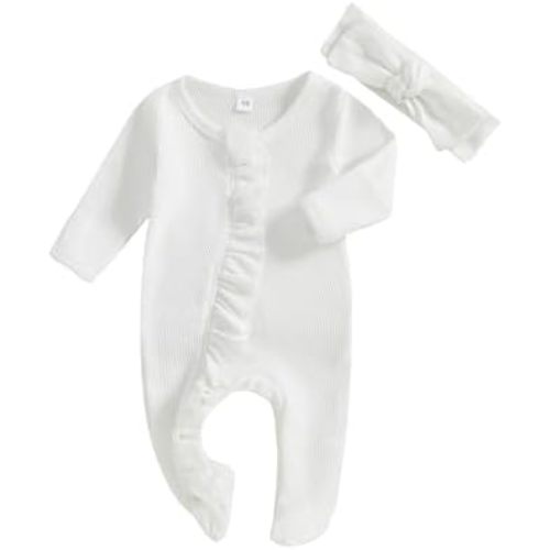 Newborn Baby Romper Infant Girl One-piece Outfit Waffle Ruffle Zip Footie Spring Summer Clothes With Bow Headband