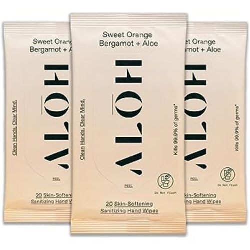ALŌ Sweet Orange Bergamot + Aloe Sanitizing Hand Wipes - Clean Hands, Clear Mind - On The Go Hand Sanitizer Wipes for Kids and Adults - Travel Size (3 Pack, 20ct Wipes) : Health & Household