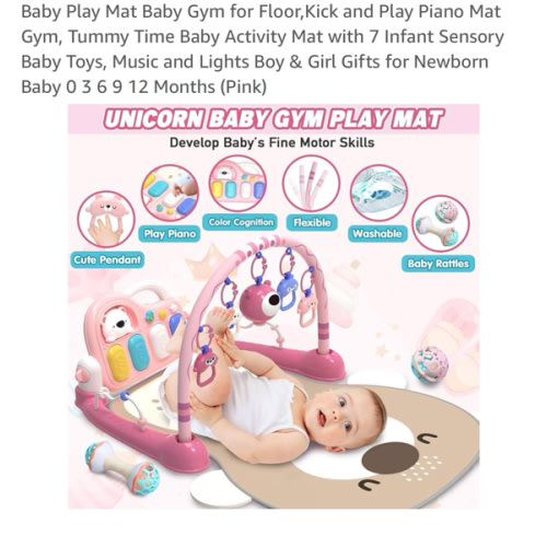 Baby Play Mat Baby Gym for Floor,Kick and Play Piano Mat Gym, Tummy Time Baby Activity Mat with 7 Infant Sensory Baby Toys, Music and Lights Boy & Girl Gifts for Newborn Baby 0 3 6 9 12 Months (Pink)