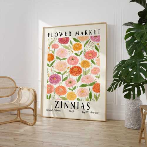 Zinnias Wall Art Print – Vintage Flower Market Poster, Colorful California Botanical Wall Decor for Kitchen, Nursery or Gift